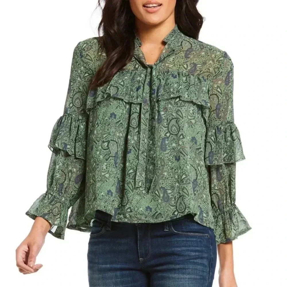 Lucky Brand Women’s Plus 1X Peasant Poly Georgette Blouse Green Peasant Whimsy